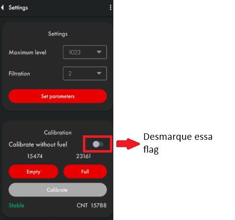Opção Calibrar sem Combustível