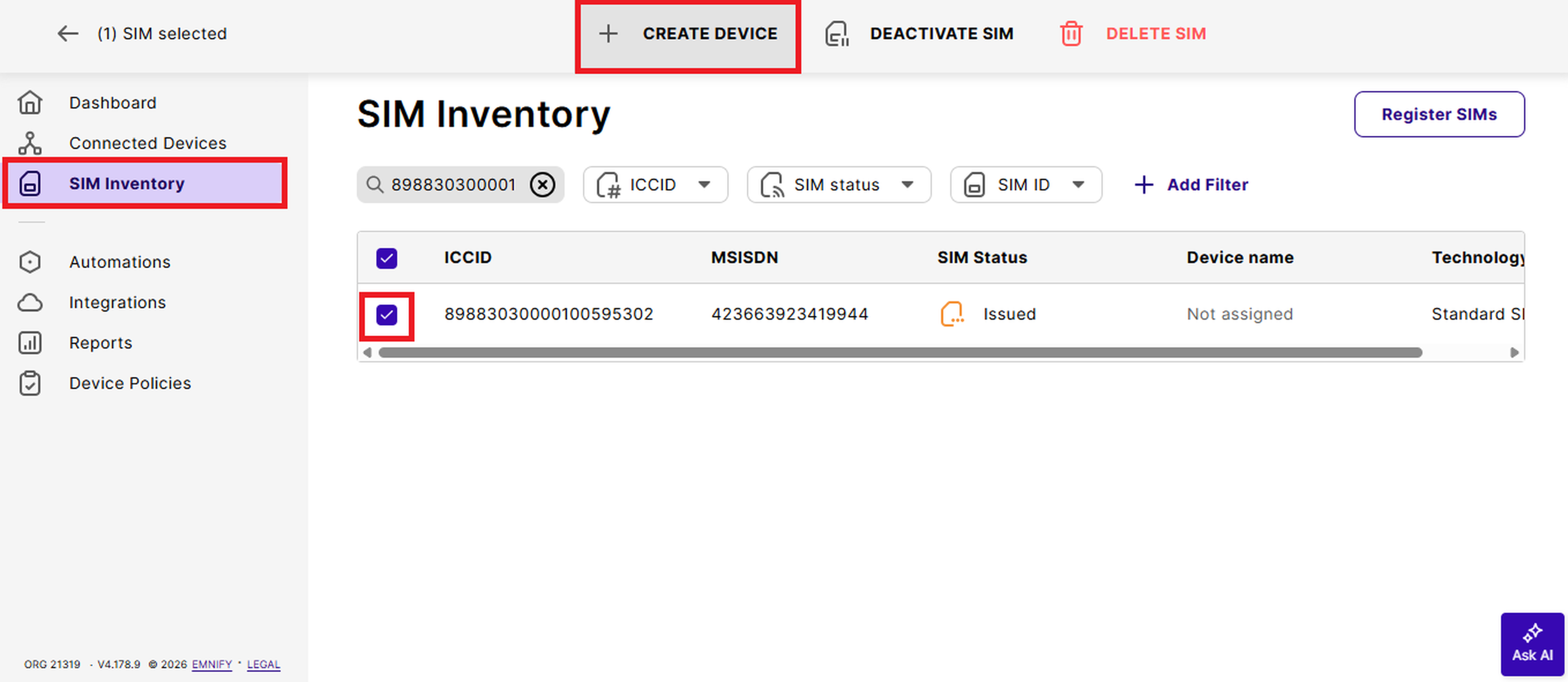 Create Device no portal Emnify