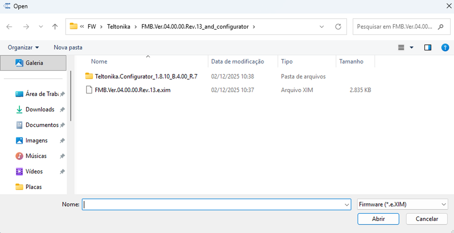 Seleção do arquivo de firmware atualizado