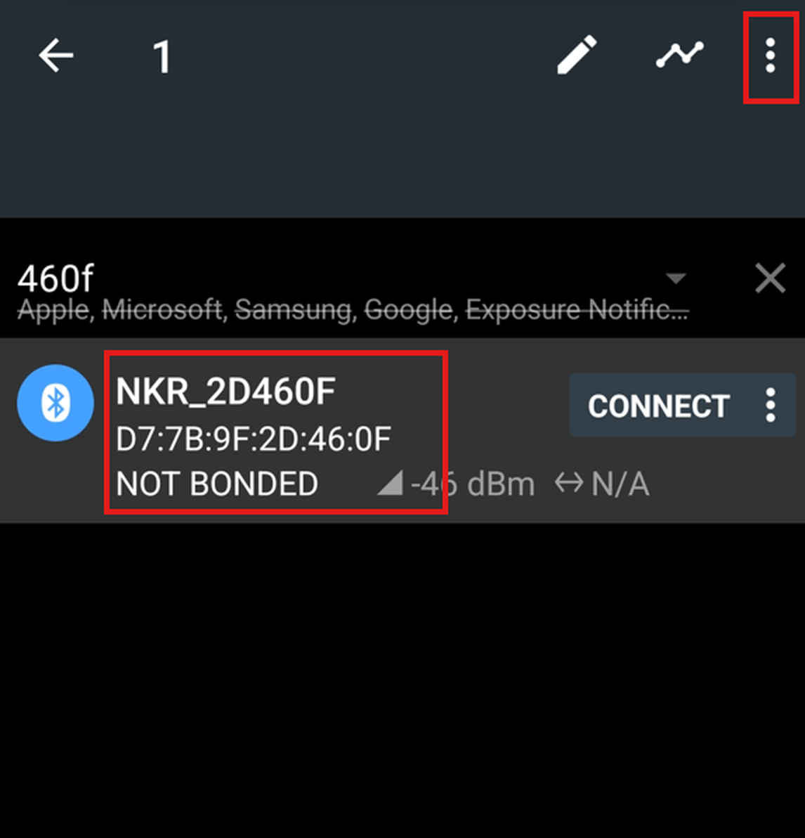 Dispositivo localizado no aplicativo NRF Connect