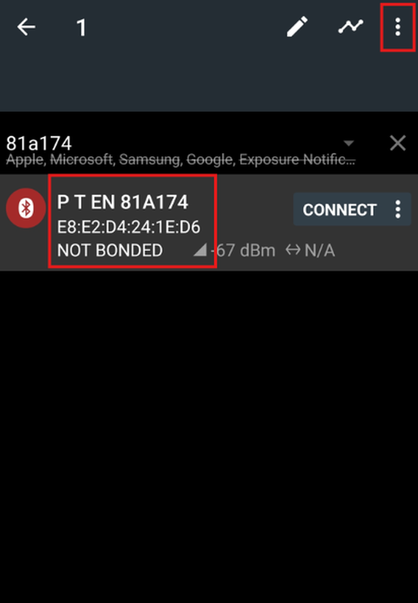 Dispositivo localizado no aplicativo NRF Connect