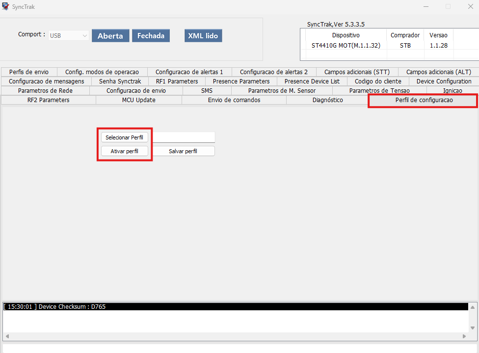 Ativação de perfil no SyncTrack