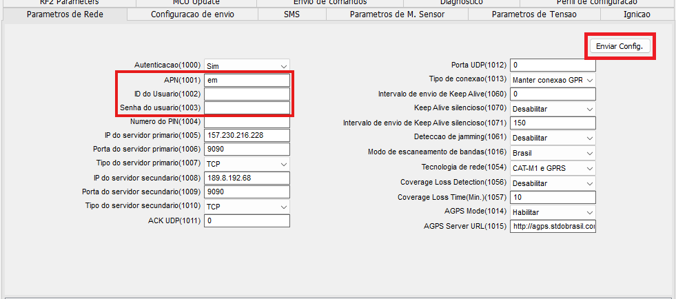 Parâmetros de rede SyncTrack